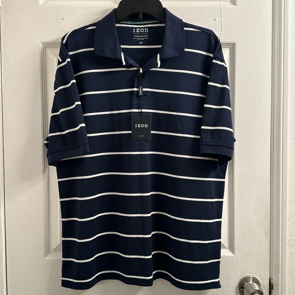 Brand new IZOD polo shirt Navy blue white Stripes For men size large